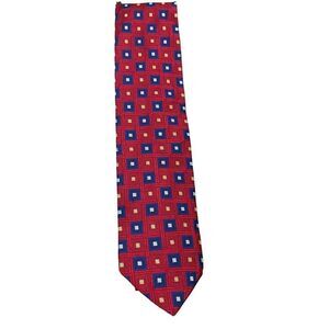 Hart Schaffner Marx Vintage Silk Hand-Tailored Tie, Red Blue Geometric 58”x3.5”‎